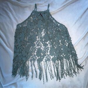 Embroidered Green Lace Fringe Open Back Crop Top Sz XL